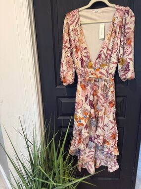 Francesca's Collections Pink and Orange Floral High-Low Wrap Dress